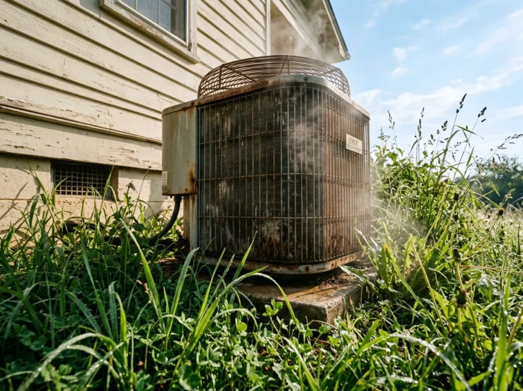 An older AC unit on the side of a Maysville GA home.