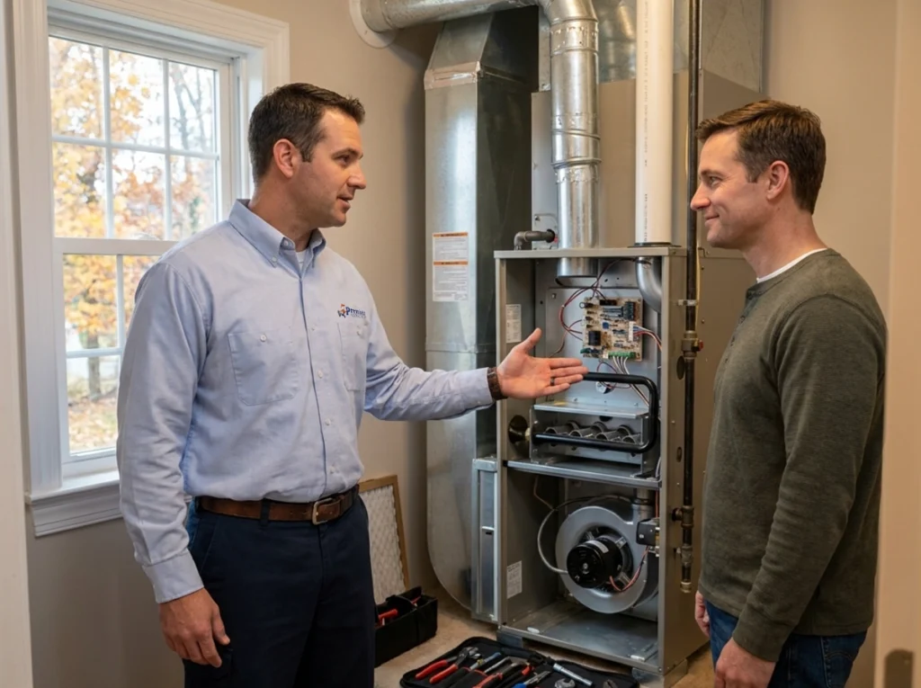 Maysville homeowner discussing fall furnace maintenance with HVAC technician