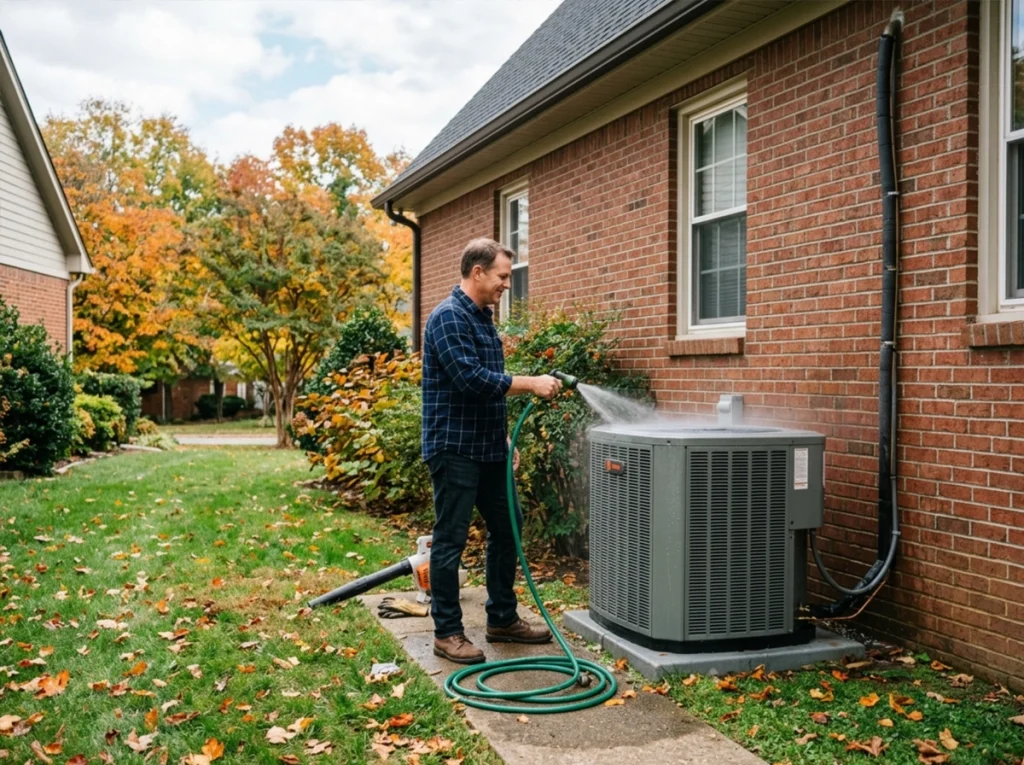 A homeowner cleaning his AC unit on the side of his Nashville home.