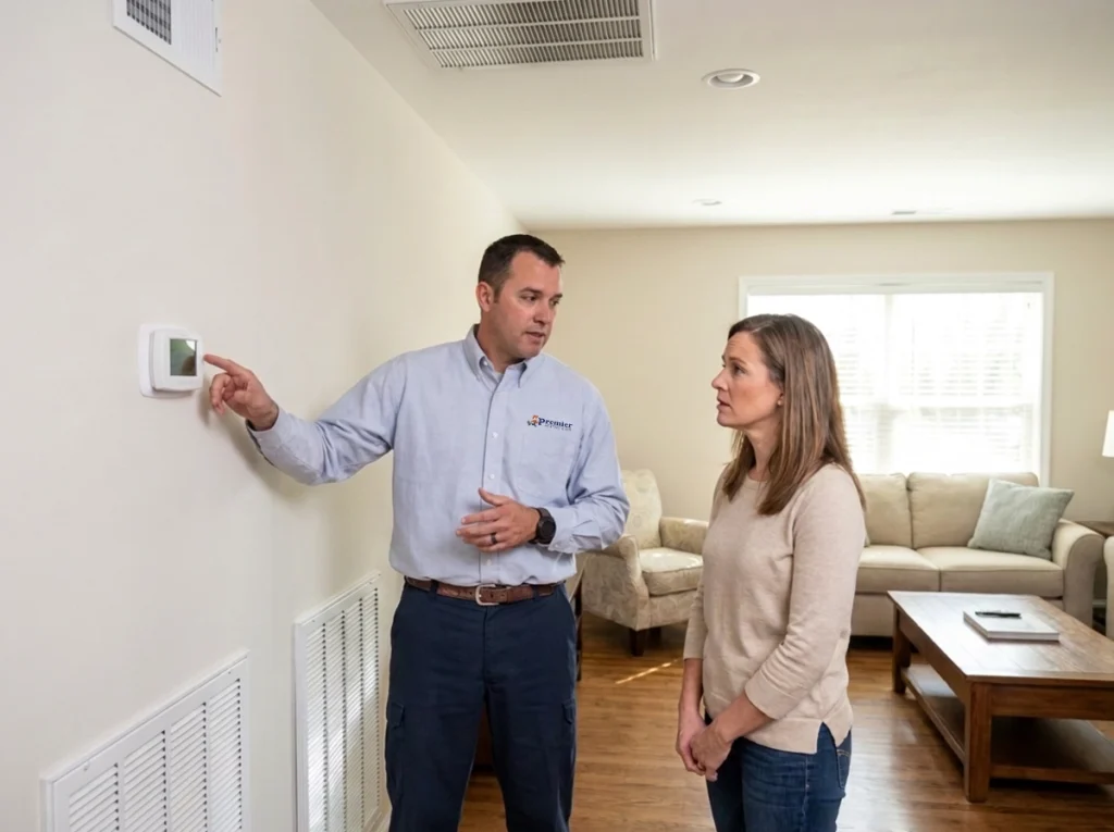 Nashville homeowner discussing HVAC short cycling with technician