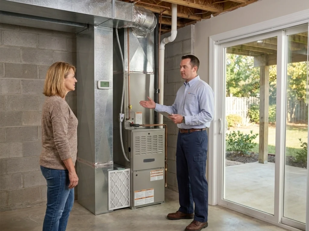Perry Georgia homeowner discussing pre-fall heating maintenance with HVAC technician