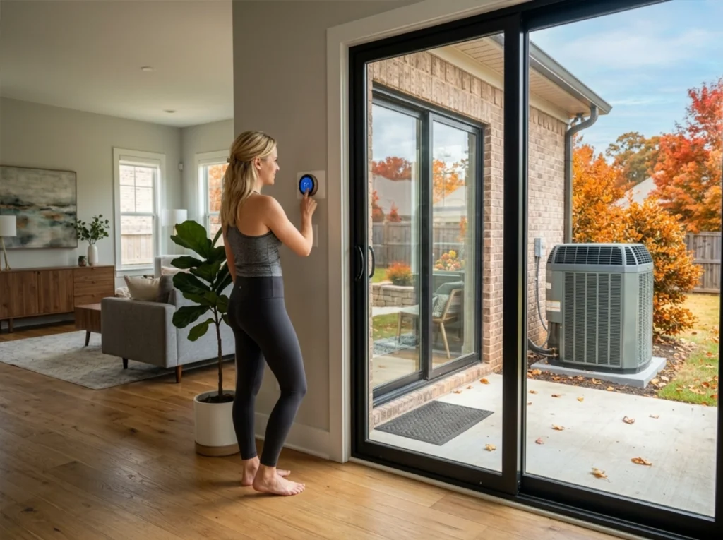 Homeowner adjusting her smart thermostat to switch over from summer to fall.