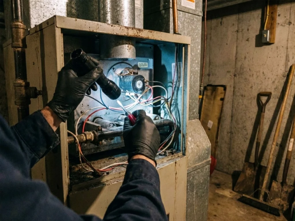 A Premier HVAC tech servicing a furnace in Sandersville, GA.