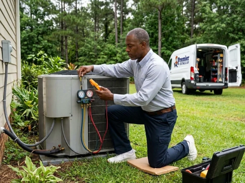 HVAC technician inspecting a heat pump after humid Georgia summer weather
