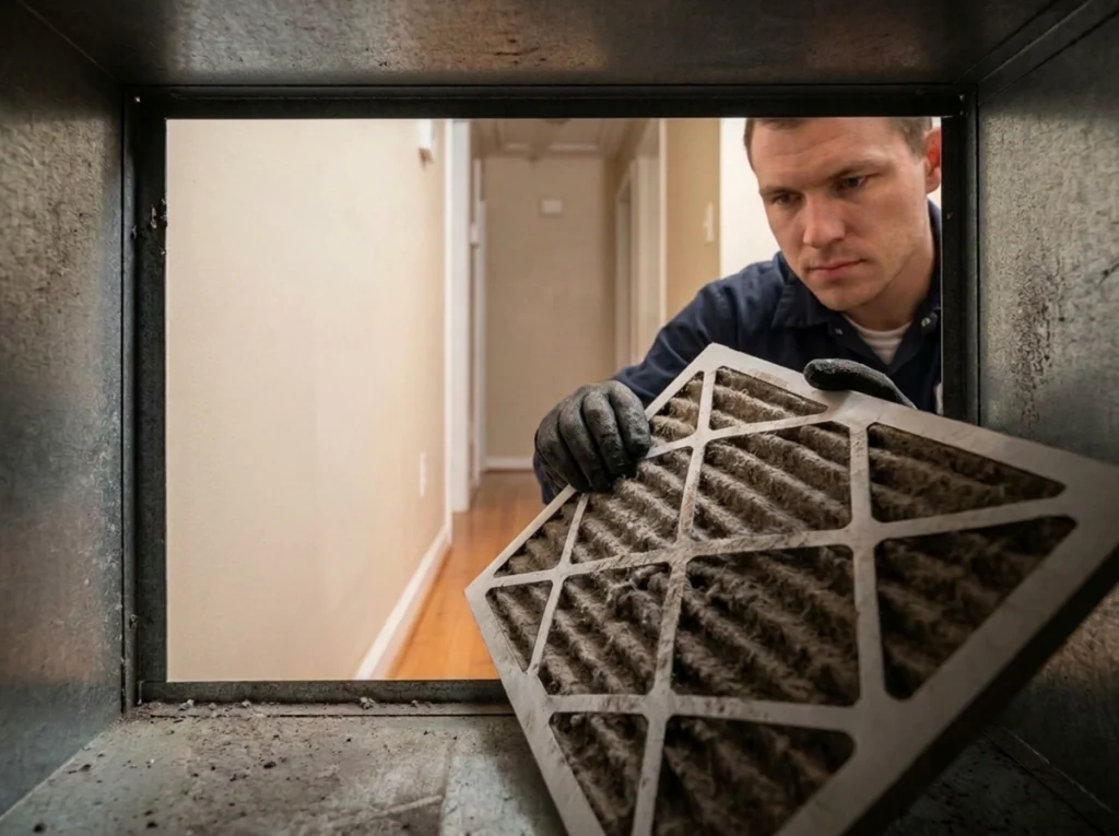 A Premier HVAC tech replacing a dirty air filter.