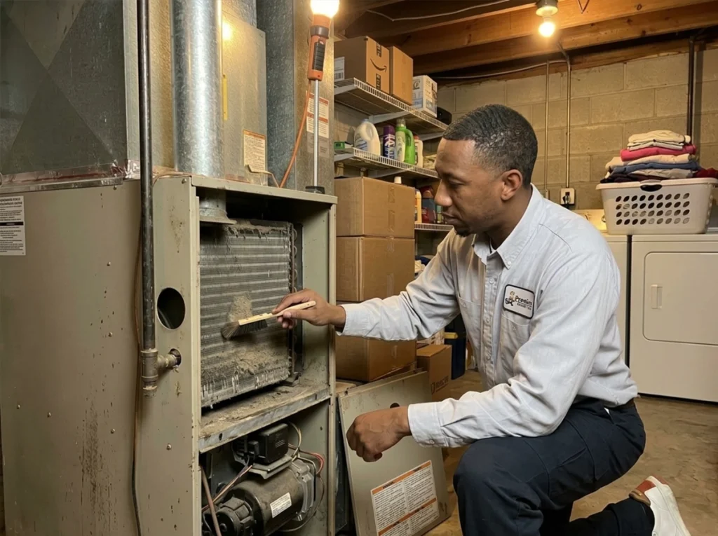 HVAC technician cleaning a furnace in the basement of a home.