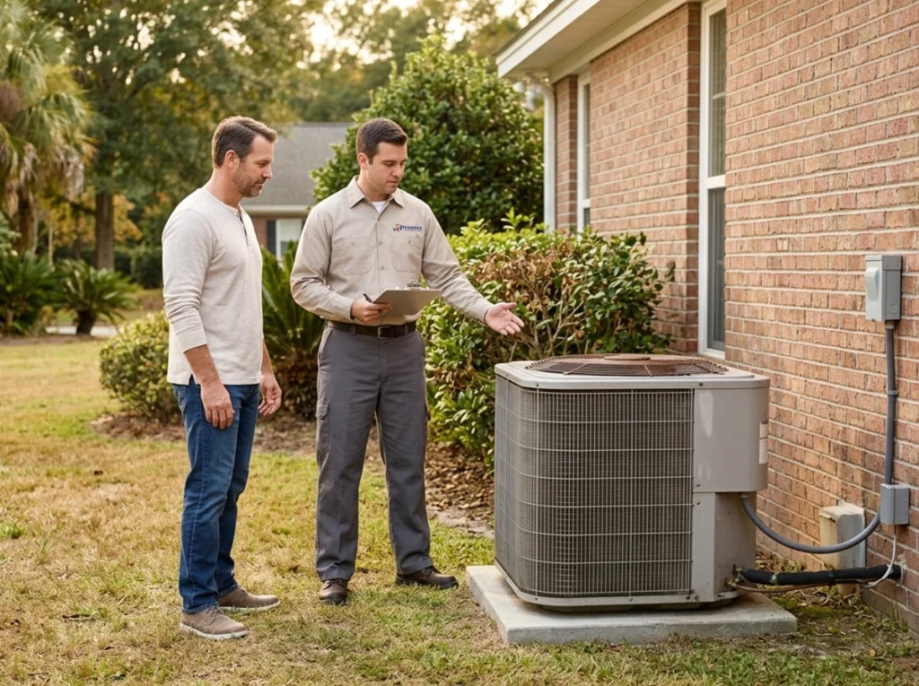 Valdosta homeowner discussing HVAC repair or replacement with technician