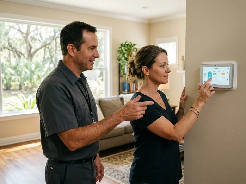 Valdosta homeowner using a smart thermostat with HVAC technician